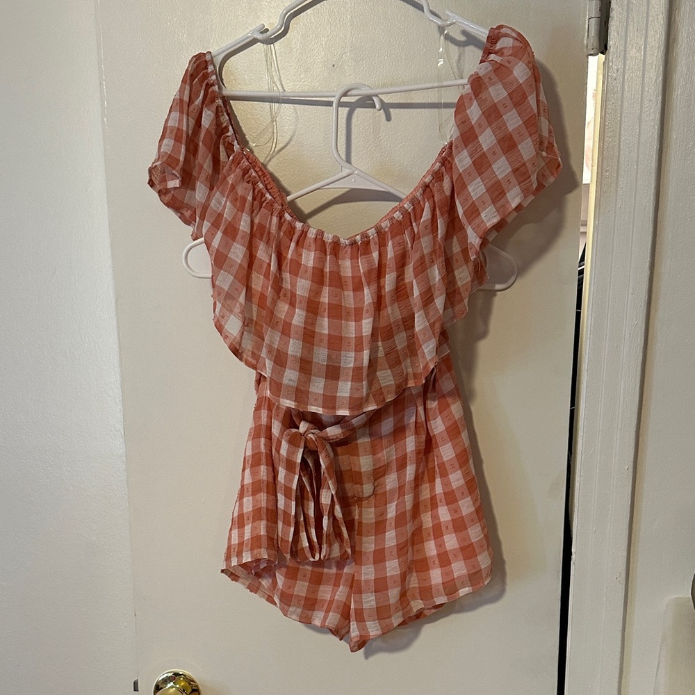 Gingham Off-Shoulder Pink Short Set